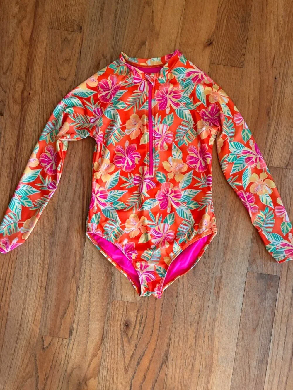 Girls 10/12 Tropical Floral Long Sleeve Rash Guard Swimsuit Wonder Nation